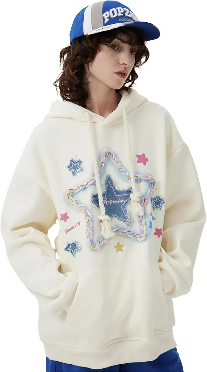 Aelfric Eden Womens Oversized Hoodies Star Graphic Fleece Hooded Streetwear Unisex Sweatshirts Pullover with Pocket