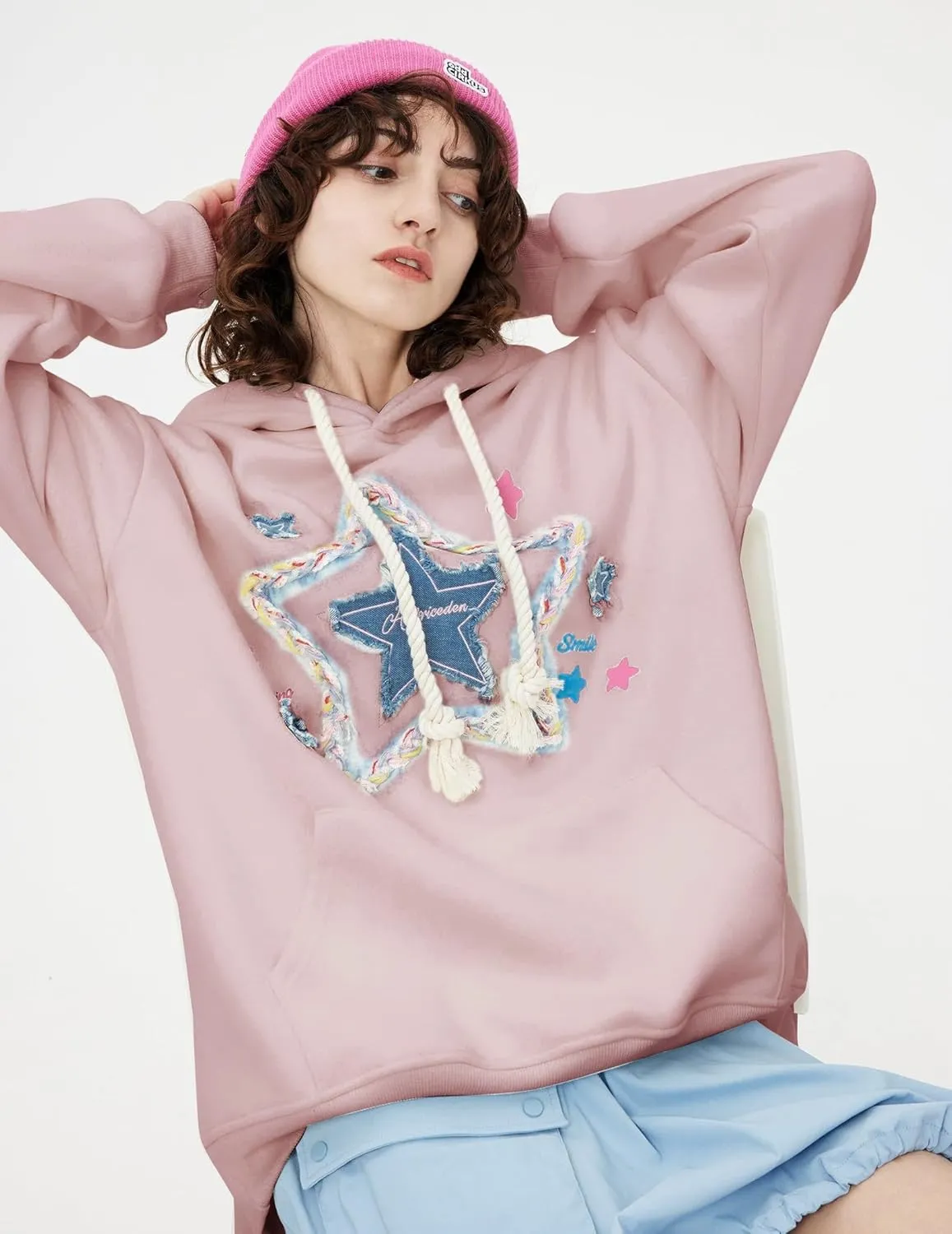 Aelfric Eden Womens Oversized Hoodies Star Graphic Fleece Hooded Streetwear Unisex Sweatshirts Pullover with Pocket