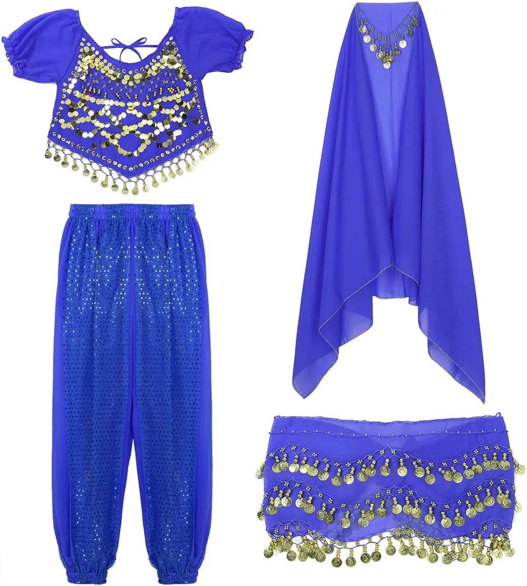 Aislor Women's Belly Dance Costume India Dance Crop Top with Harem Pants Hip Scarf Head Scarfs