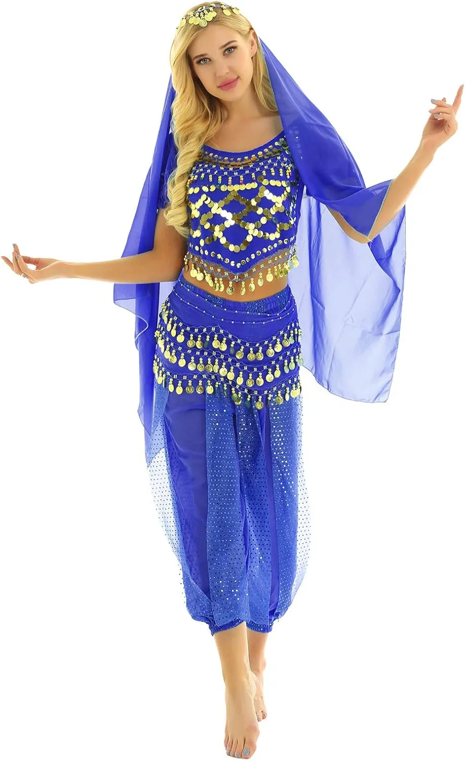Aislor Women's Belly Dance Costume India Dance Crop Top with Harem Pants Hip Scarf Head Scarfs