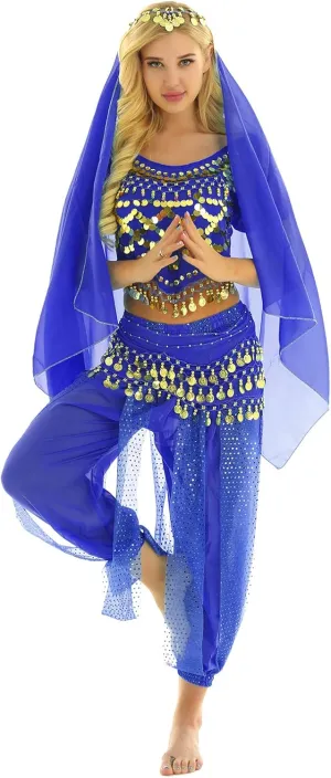Aislor Women's Belly Dance Costume India Dance Crop Top with Harem Pants Hip Scarf Head Scarfs