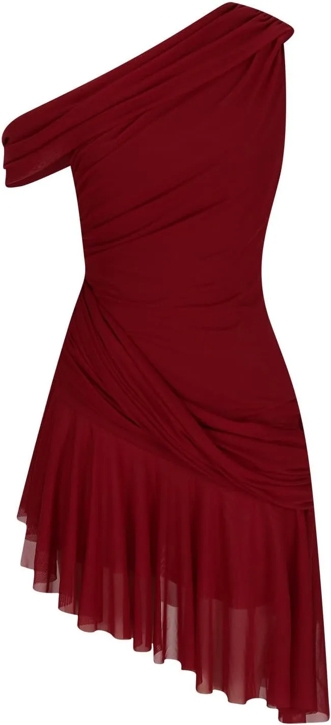 Akklian Women Chiffon Mesh Backless Sexy Mini Dress Asymmetrical One Shoulder Sleeveless Ruffle Hem Party Club Drape Dress