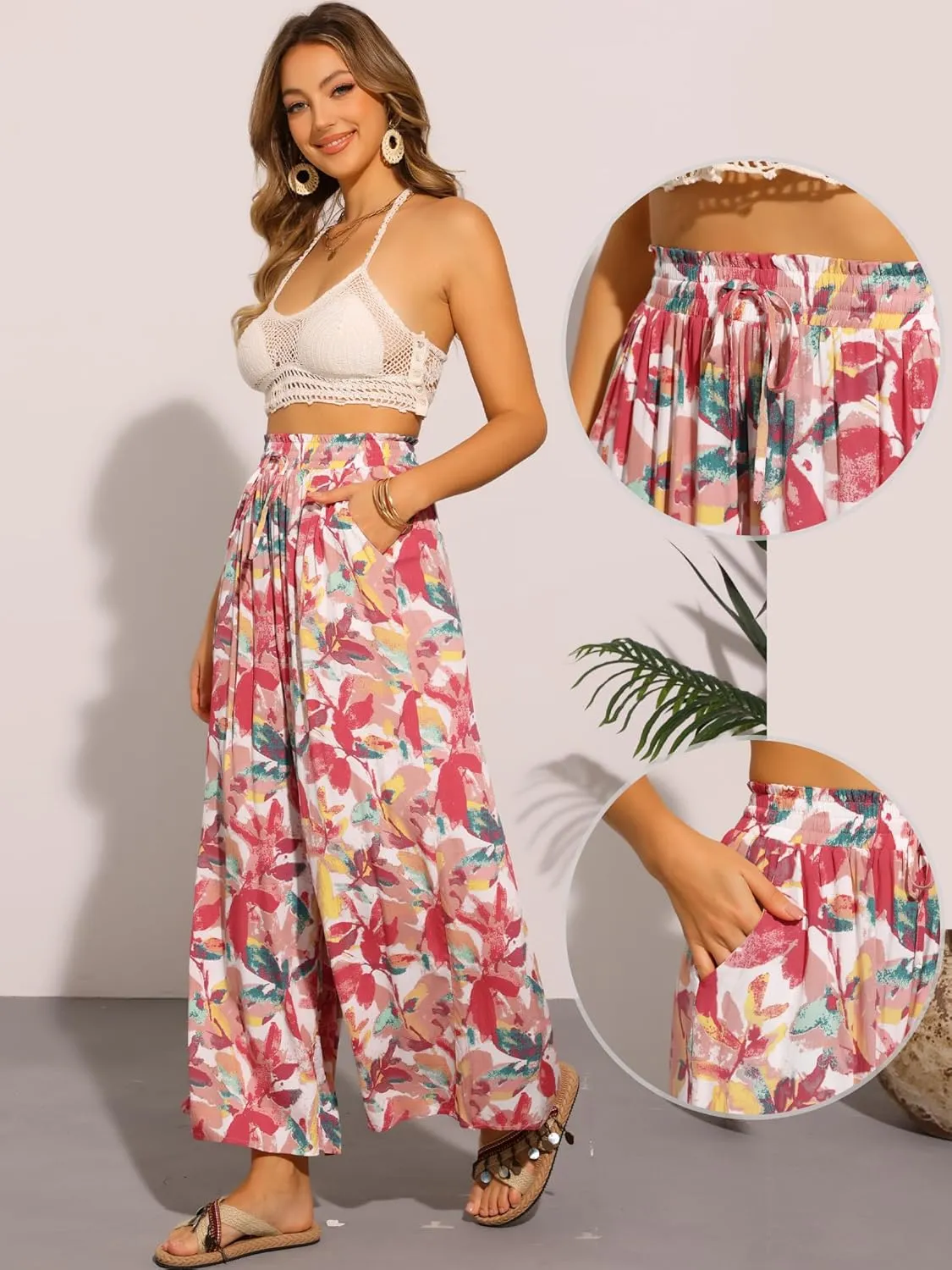 Allegra K Tropical Pants for Women's Boho Elastic Waisted Flare Palazzo Wide Leg Pants