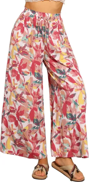 Allegra K Tropical Pants for Women's Boho Elastic Waisted Flare Palazzo Wide Leg Pants