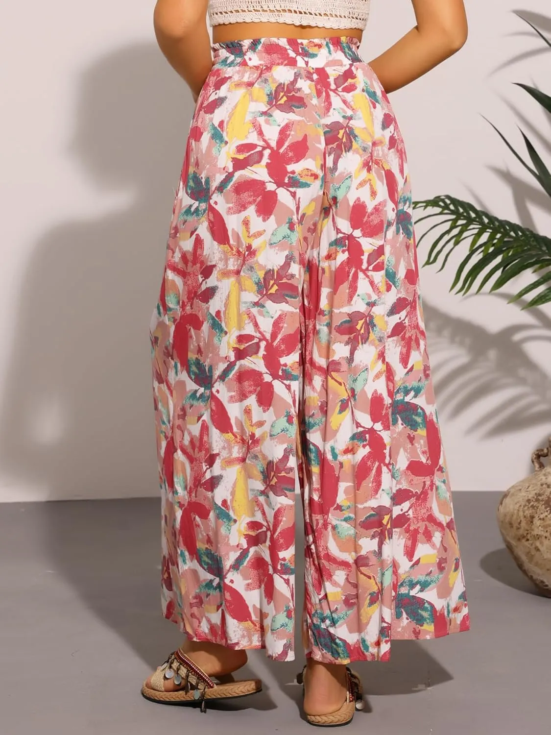 Allegra K Tropical Pants for Women's Boho Elastic Waisted Flare Palazzo Wide Leg Pants