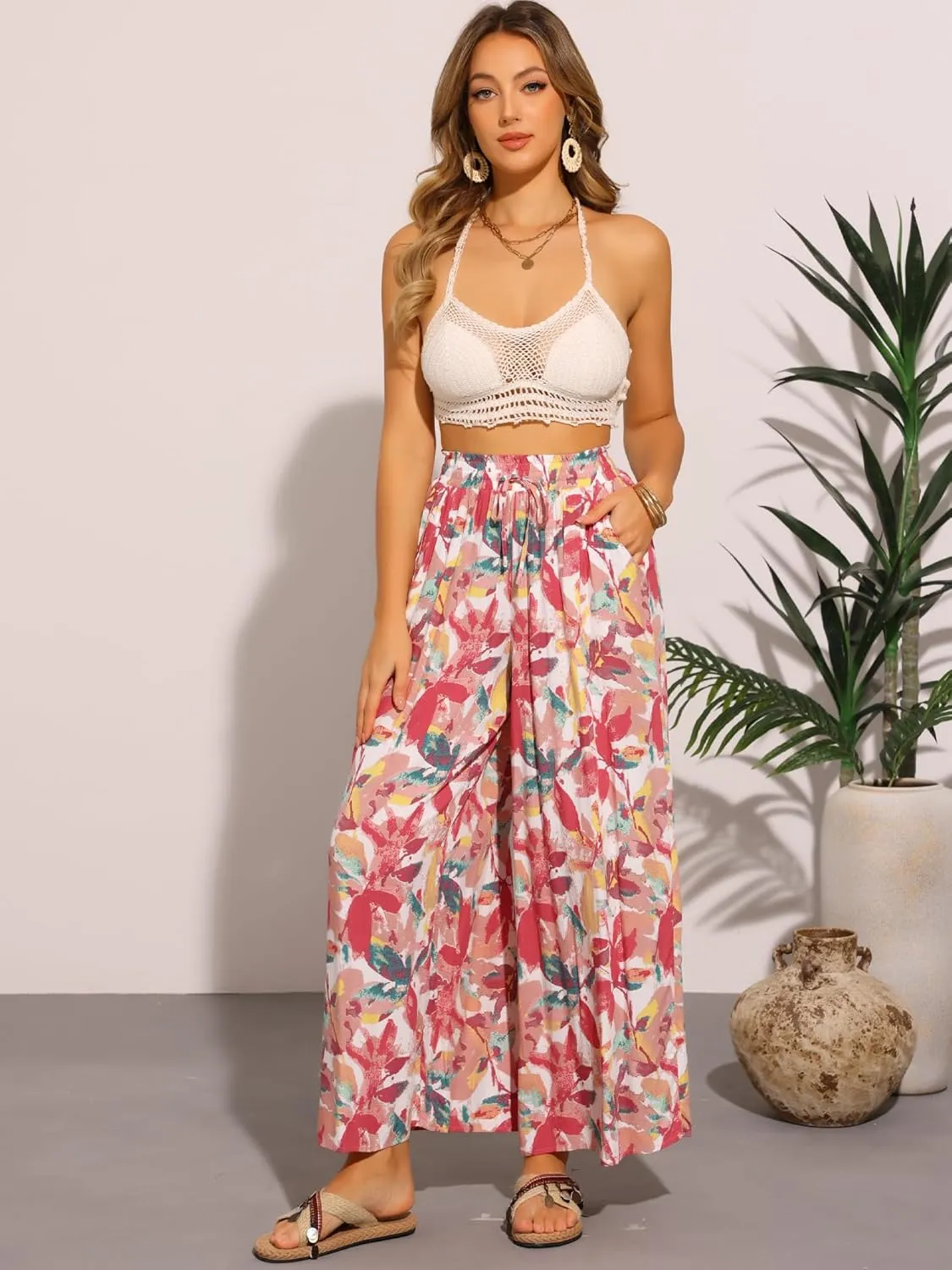 Allegra K Tropical Pants for Women's Boho Elastic Waisted Flare Palazzo Wide Leg Pants