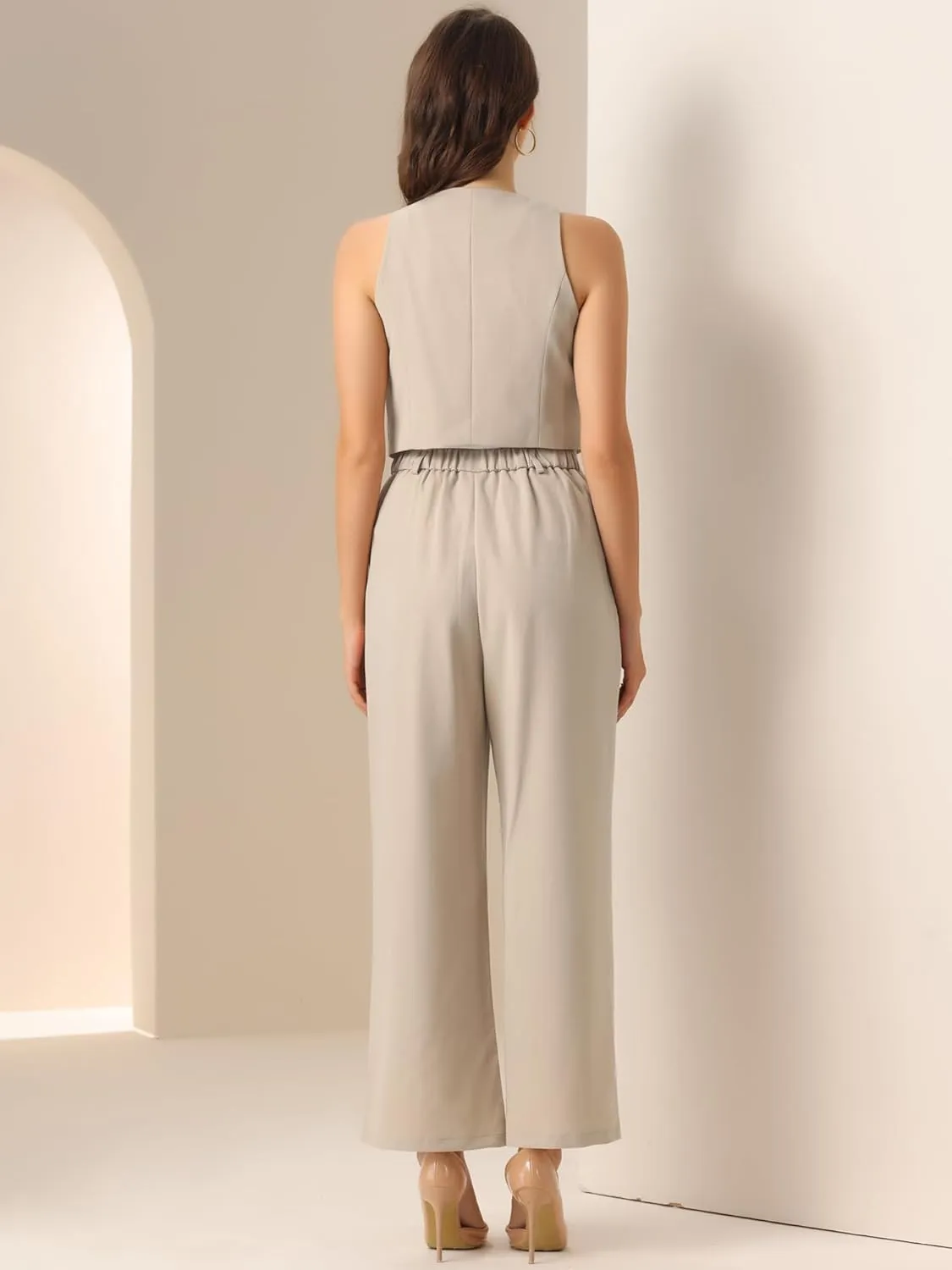 Allegra K Vest Pants Suits for Women's Dressy Two Piece Business Outfits Sleeveless Blazer Wide Leg Pants Sets