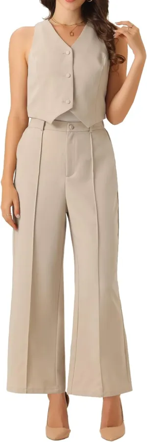 Allegra K Vest Pants Suits for Women's Dressy Two Piece Business Outfits Sleeveless Blazer Wide Leg Pants Sets