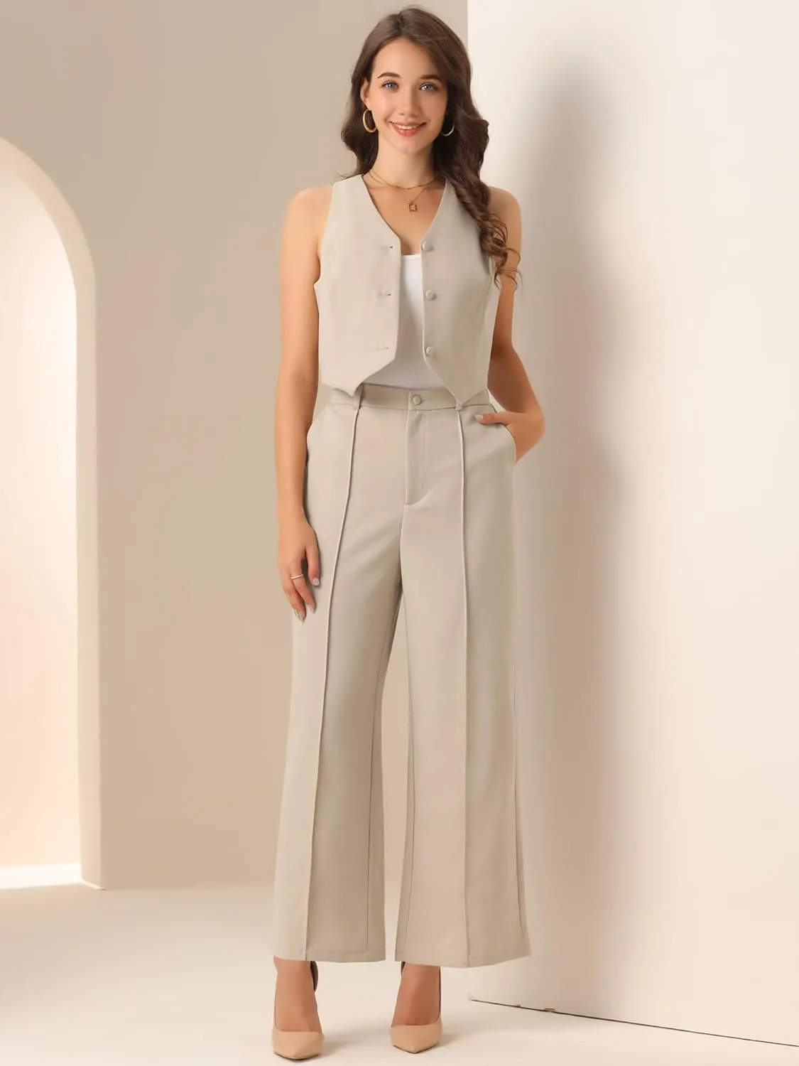 Allegra K Vest Pants Suits for Women's Dressy Two Piece Business Outfits Sleeveless Blazer Wide Leg Pants Sets