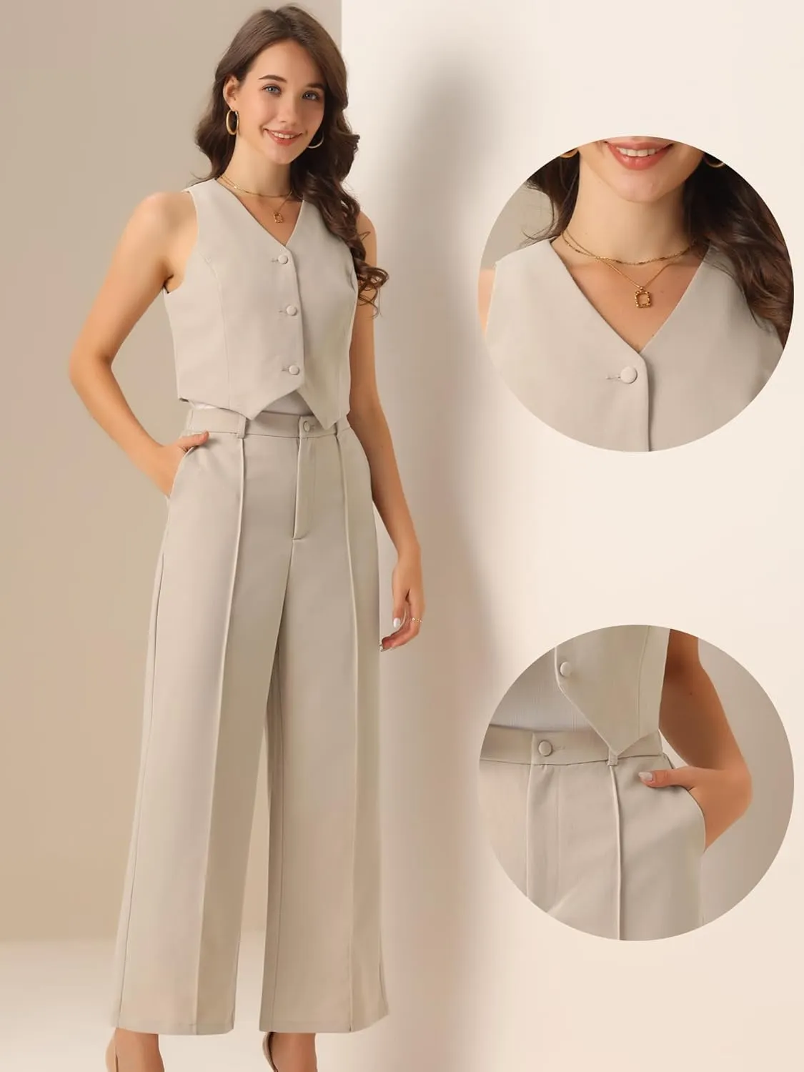Allegra K Vest Pants Suits for Women's Dressy Two Piece Business Outfits Sleeveless Blazer Wide Leg Pants Sets
