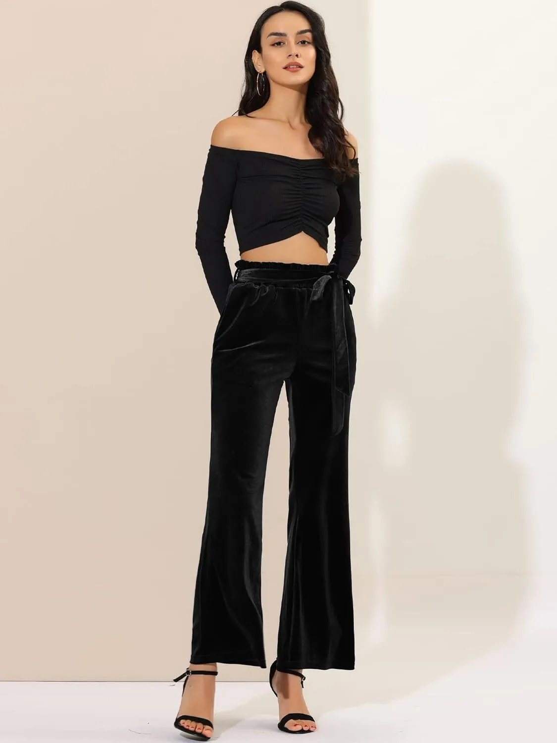 Allegra K Women's Velvet Pants Halloween Tie Waist Stretchy Wide Leg Pants with Pockets