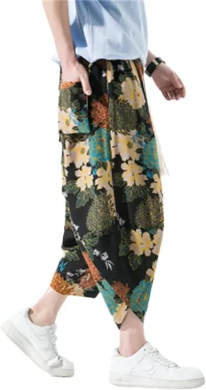 Alloaone Men Print Beach Pants Ankle-Lenght Harem Pantalon Turnip Trousers Joggers Wide Leg Pants