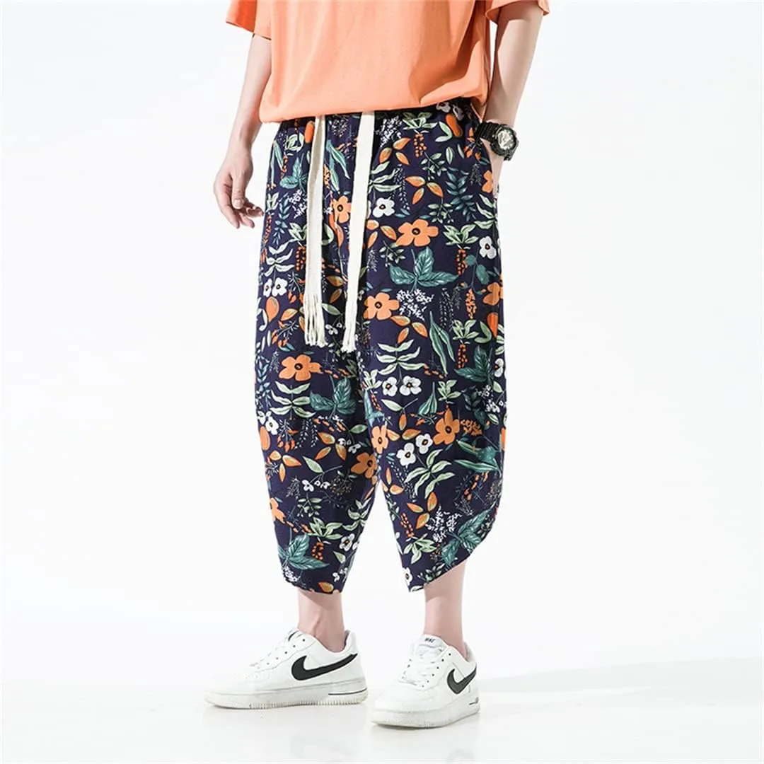 Alloaone Men Print Beach Pants Ankle-Lenght Harem Pantalon Turnip Trousers Joggers Wide Leg Pants