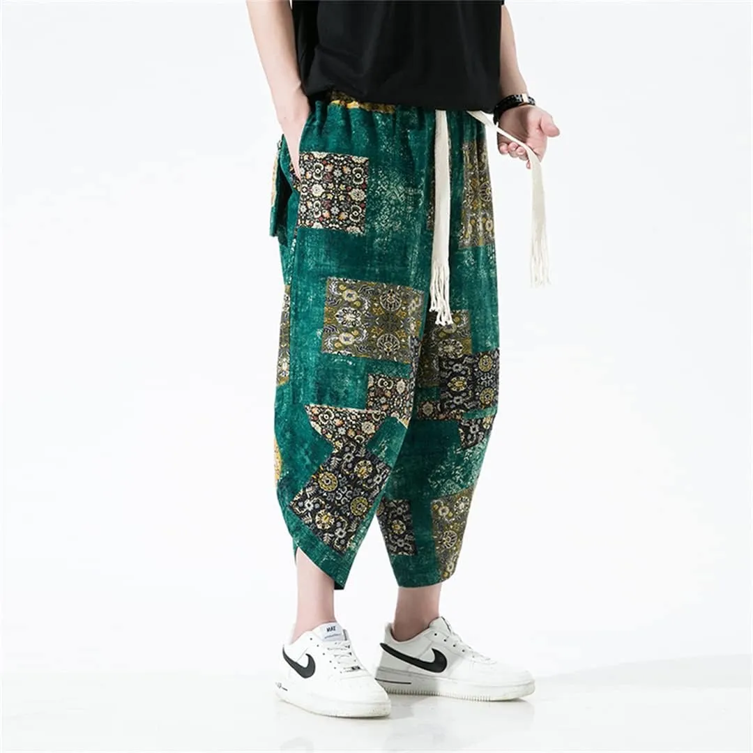 Alloaone Men Print Beach Pants Ankle-Lenght Harem Pantalon Turnip Trousers Joggers Wide Leg Pants
