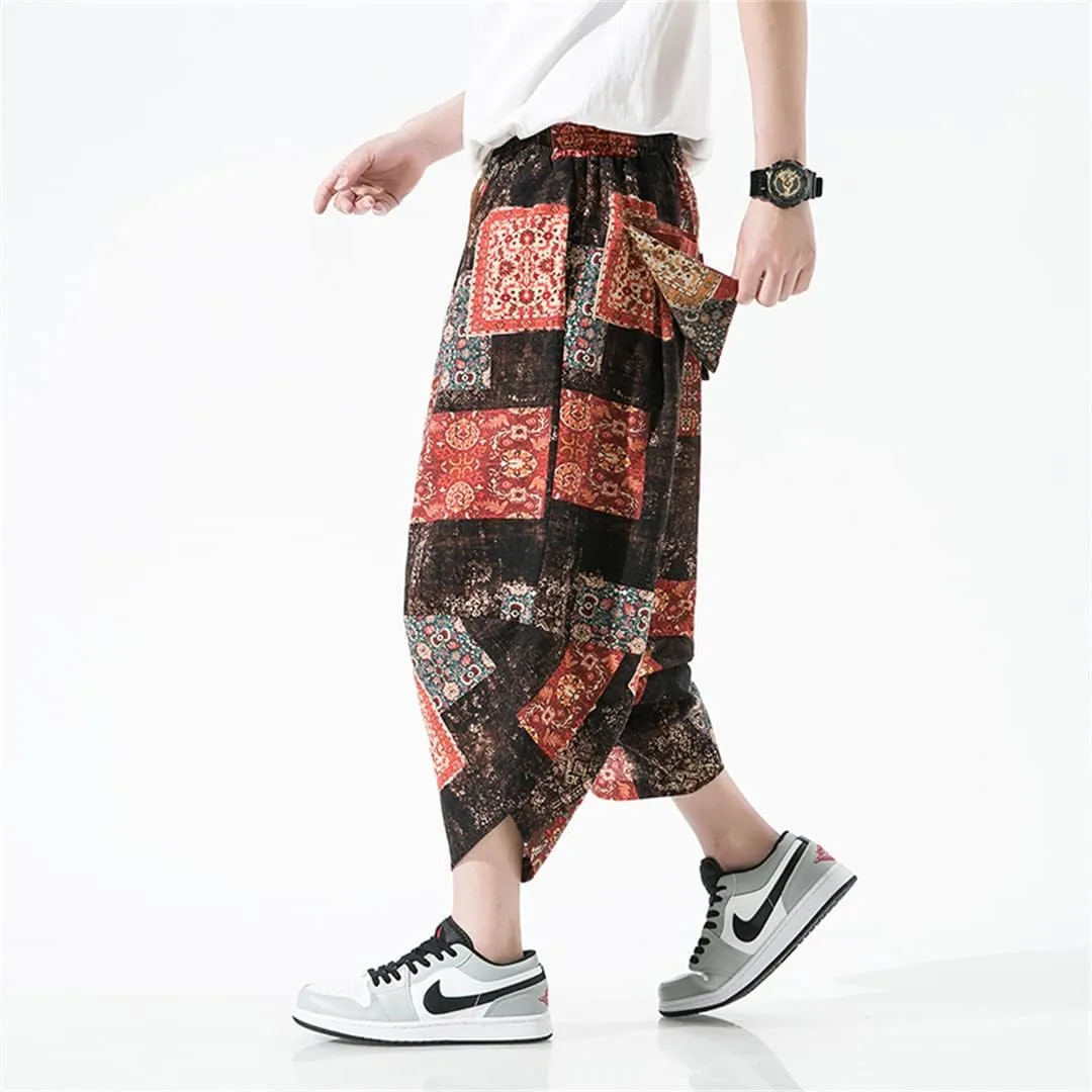 Alloaone Men Print Beach Pants Ankle-Lenght Harem Pantalon Turnip Trousers Joggers Wide Leg Pants