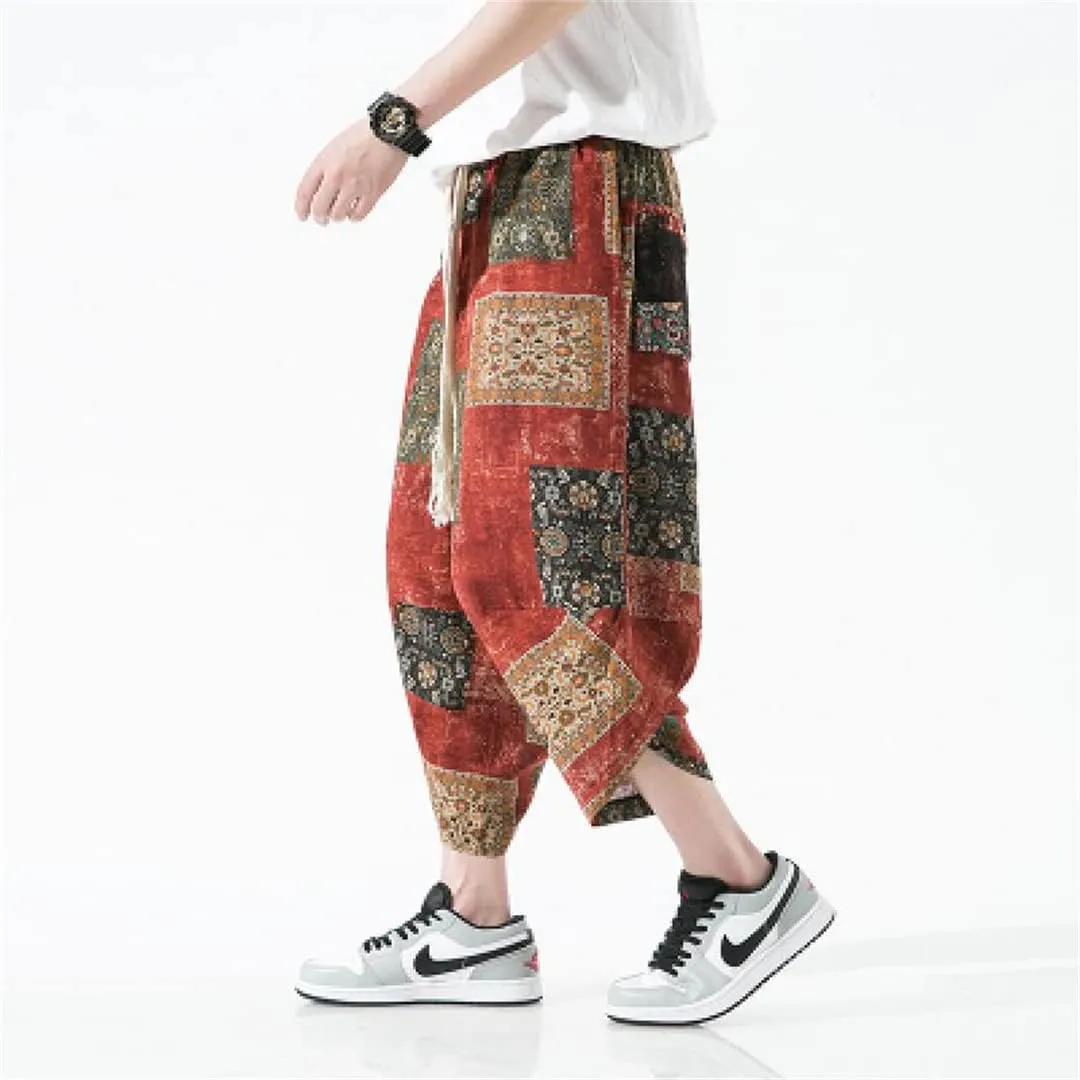 Alloaone Men Print Beach Pants Ankle-Lenght Harem Pantalon Turnip Trousers Joggers Wide Leg Pants