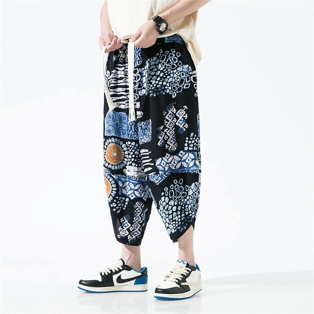 Alloaone Men Print Beach Pants Ankle-Lenght Harem Pantalon Turnip Trousers Joggers Wide Leg Pants