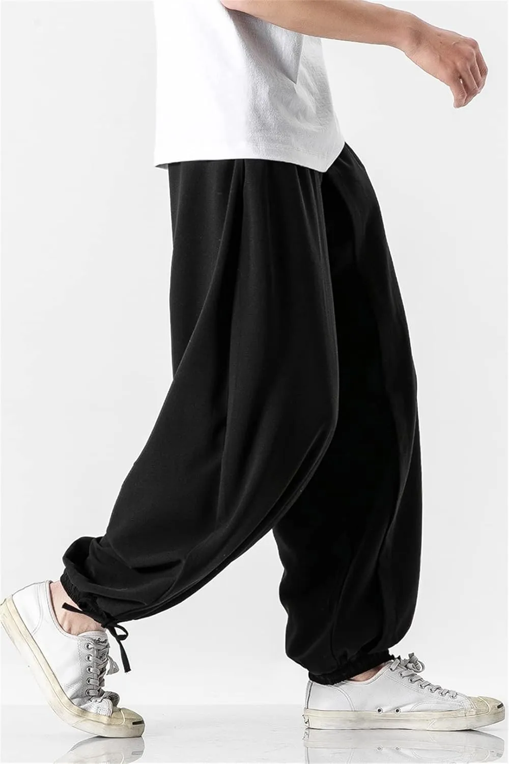 Alloaone Men Wide Crotch Harem Pants Cropped Wide Legged Bloomers Trousers Loose Cotton Linen Loose Pants