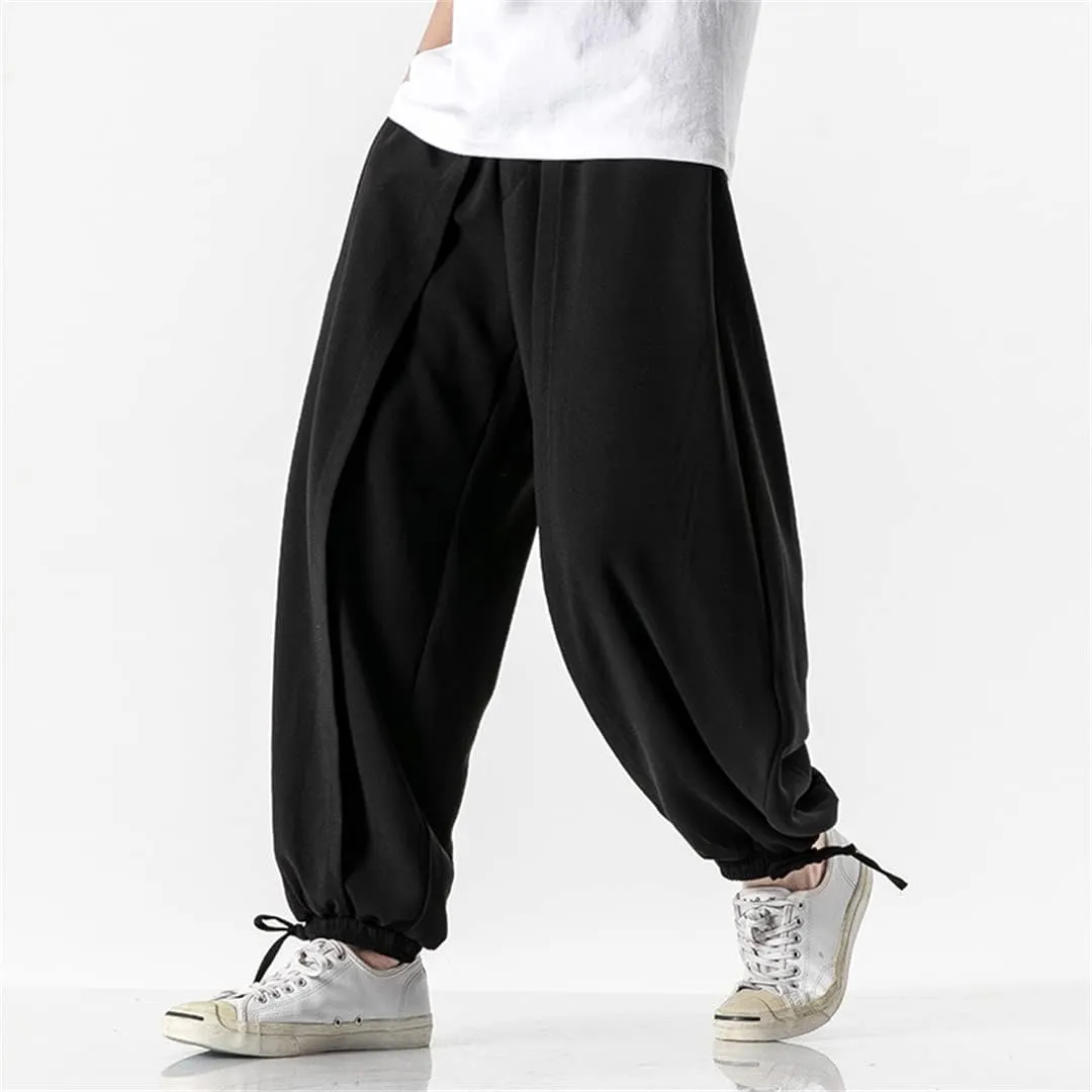 Alloaone Men Wide Crotch Harem Pants Cropped Wide Legged Bloomers Trousers Loose Cotton Linen Loose Pants