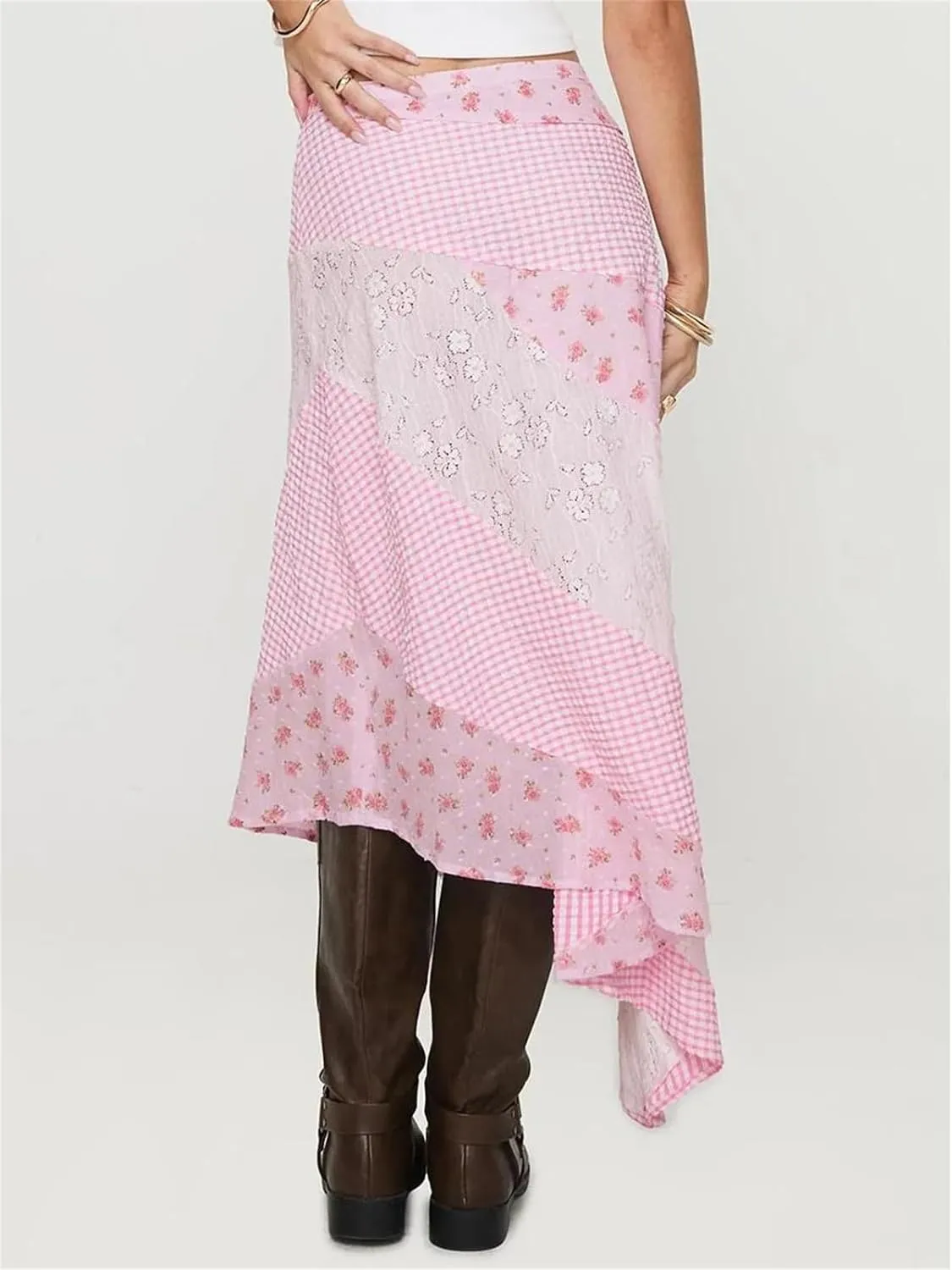 Alyweatry Women Y2k Floral Maxi Skirt Low Waist Lace Patchwork Asymmetrical Hem Aesthetic Long Skirt Trendy Streetwear
