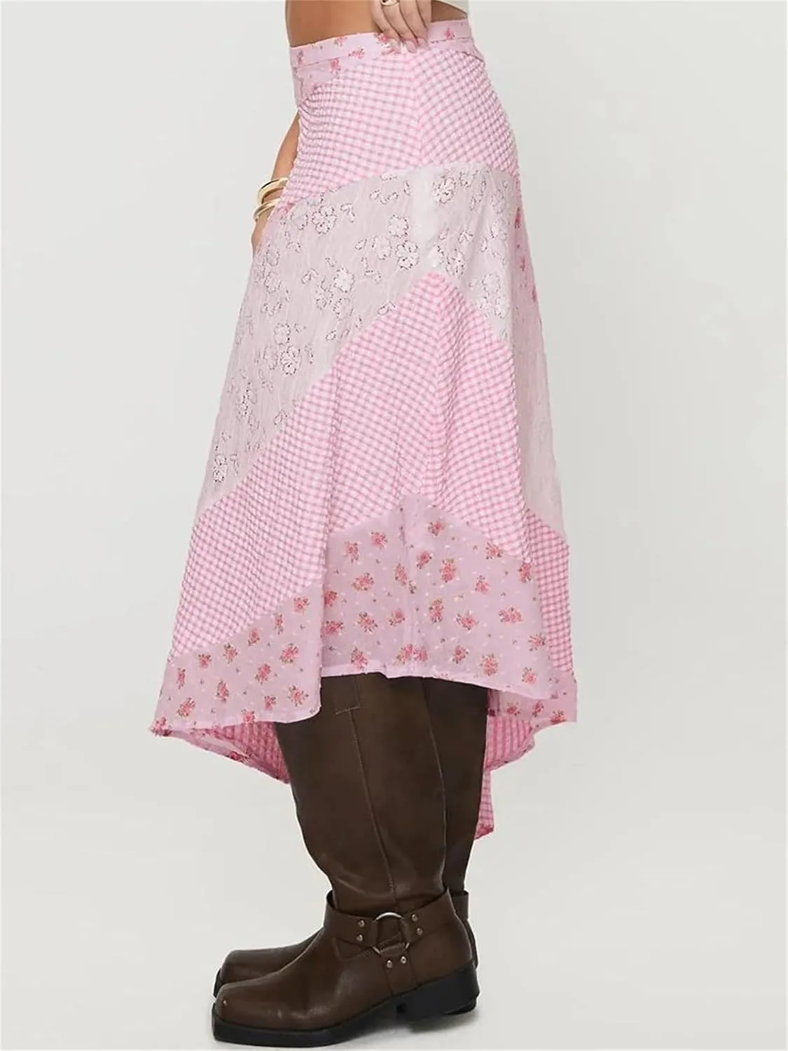 Alyweatry Women Y2k Floral Maxi Skirt Low Waist Lace Patchwork Asymmetrical Hem Aesthetic Long Skirt Trendy Streetwear