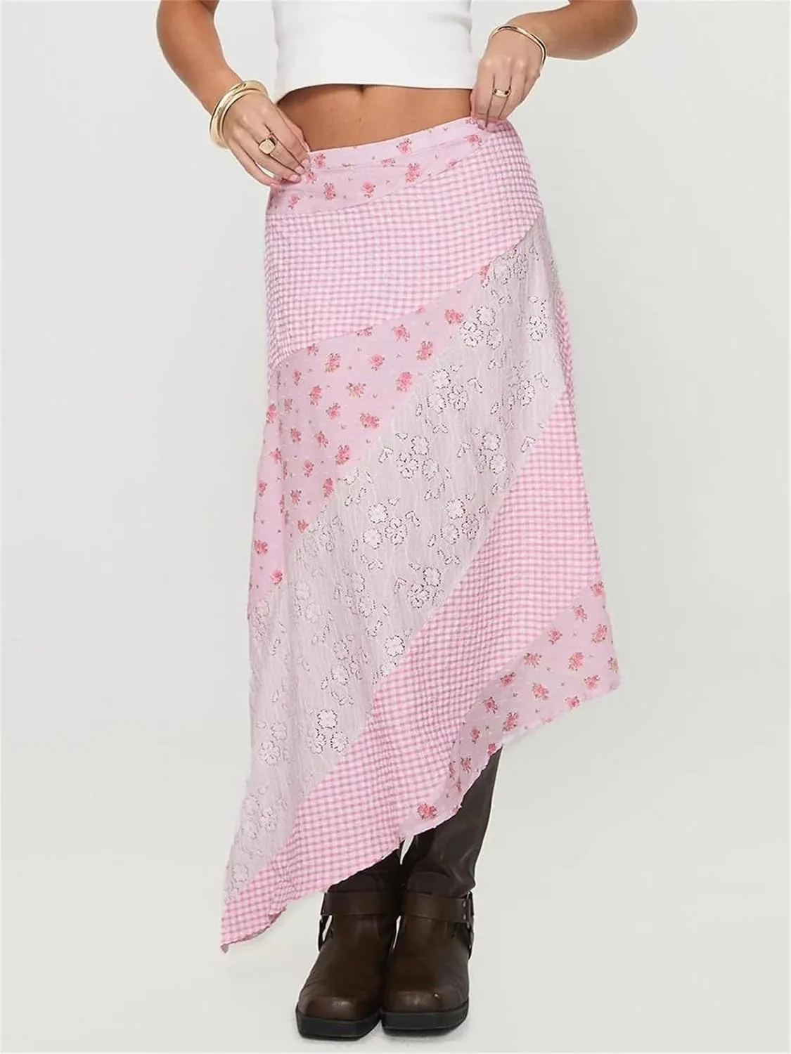 Alyweatry Women Y2k Floral Maxi Skirt Low Waist Lace Patchwork Asymmetrical Hem Aesthetic Long Skirt Trendy Streetwear