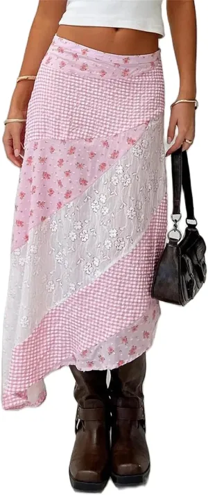 Alyweatry Women Y2k Floral Maxi Skirt Low Waist Lace Patchwork Asymmetrical Hem Aesthetic Long Skirt Trendy Streetwear