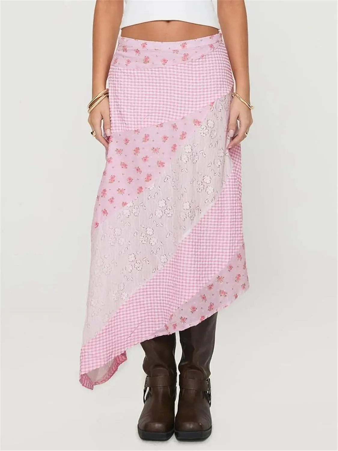 Alyweatry Women Y2k Floral Maxi Skirt Low Waist Lace Patchwork Asymmetrical Hem Aesthetic Long Skirt Trendy Streetwear