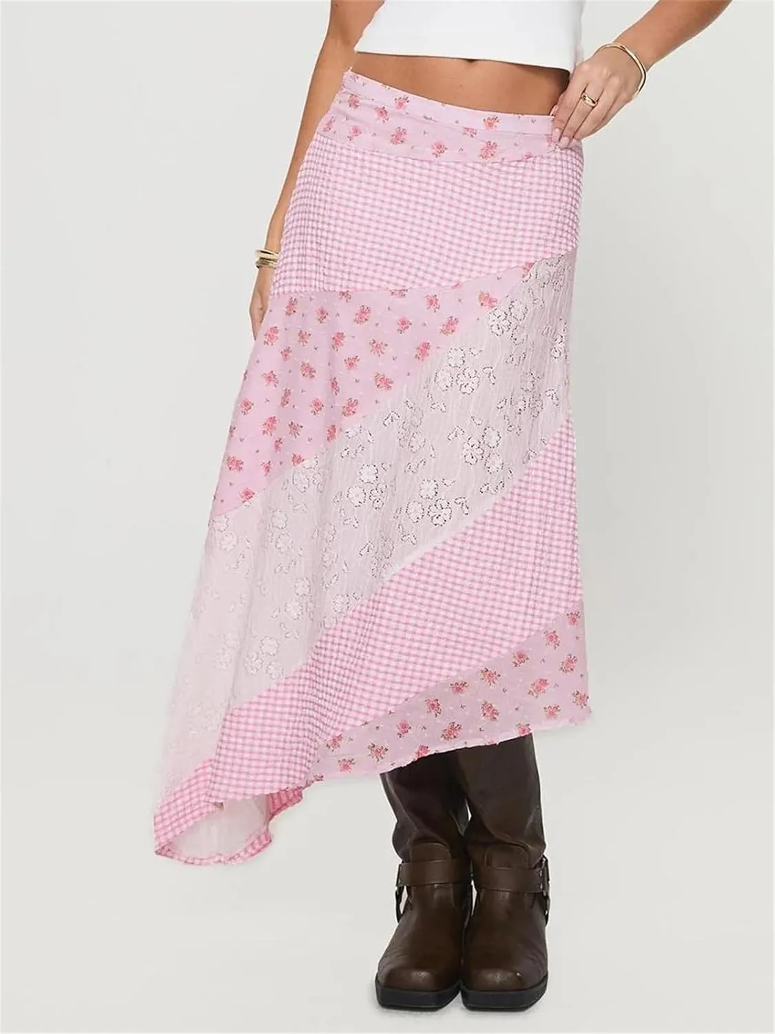 Alyweatry Women Y2k Floral Maxi Skirt Low Waist Lace Patchwork Asymmetrical Hem Aesthetic Long Skirt Trendy Streetwear