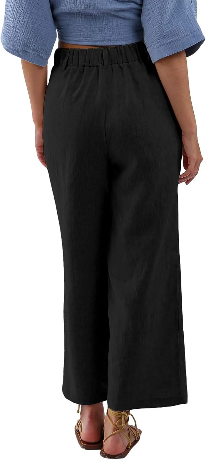 Amazhiyu Women's 100% Linen Summer High-Waisted Wide Leg Pants with Pockets