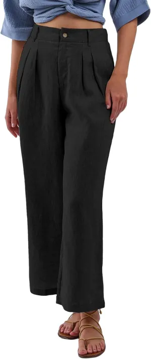 Amazhiyu Women's 100% Linen Summer High-Waisted Wide Leg Pants with Pockets