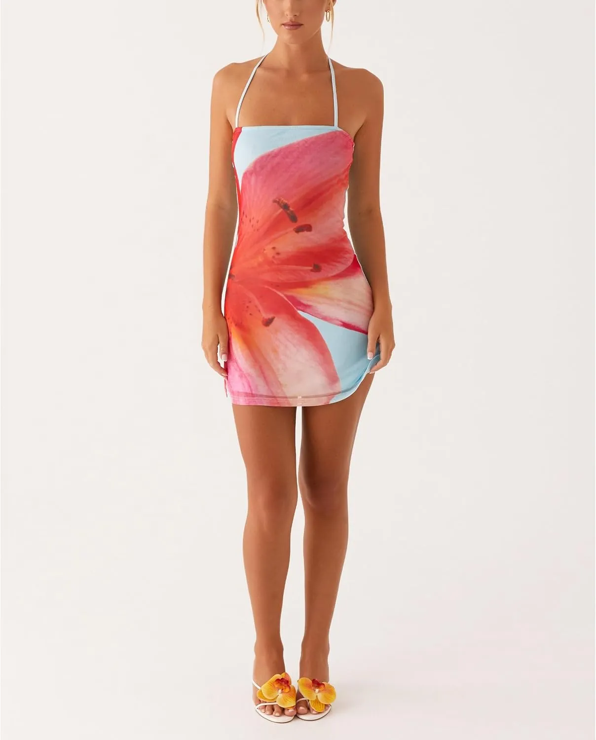 Amiblvowa Women Y2k Halter Neck Mini Bodycon Dress Sexy Sleeveless Open Back Floral Printed Club Party Cocktail Short Dresses