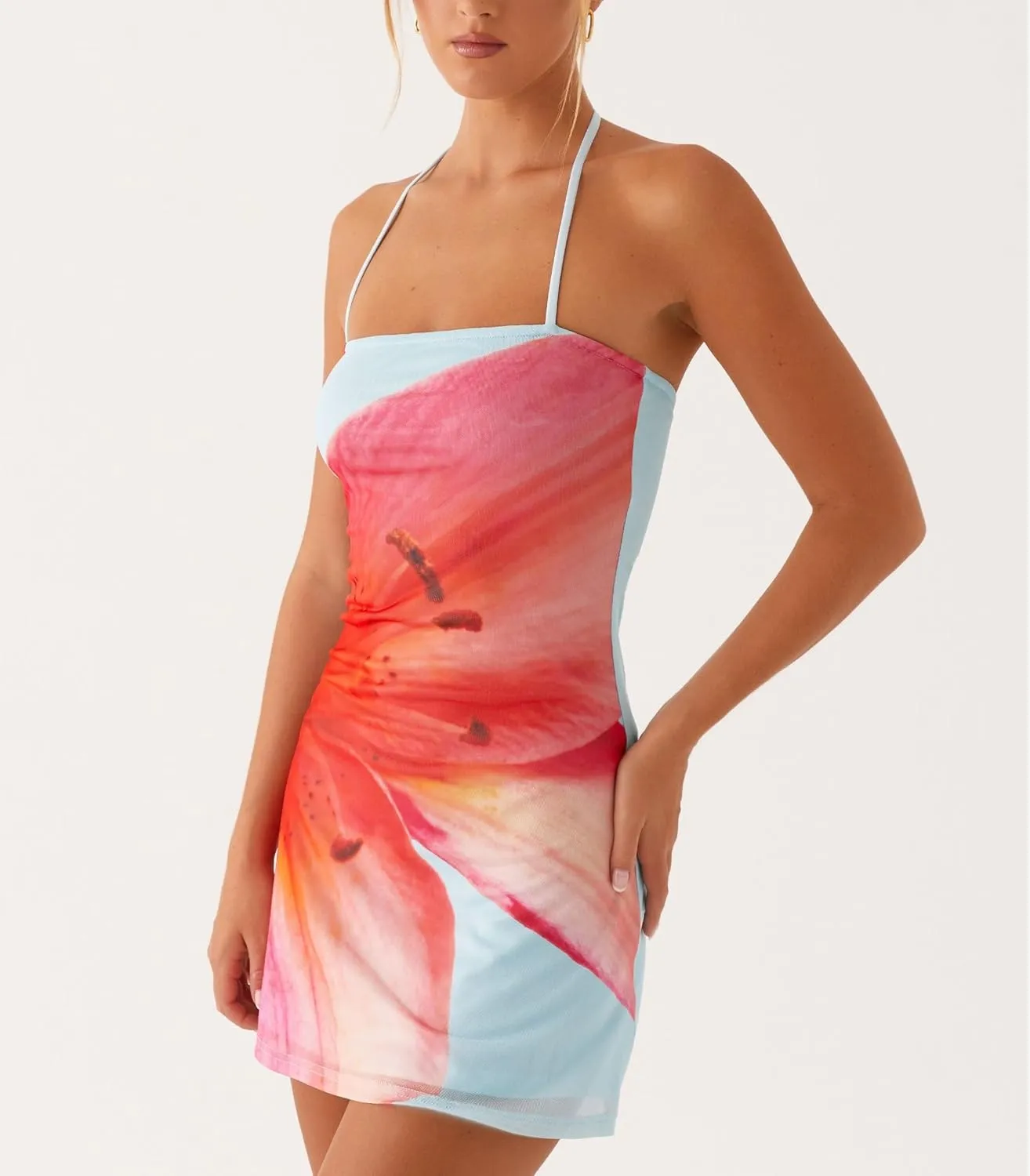 Amiblvowa Women Y2k Halter Neck Mini Bodycon Dress Sexy Sleeveless Open Back Floral Printed Club Party Cocktail Short Dresses