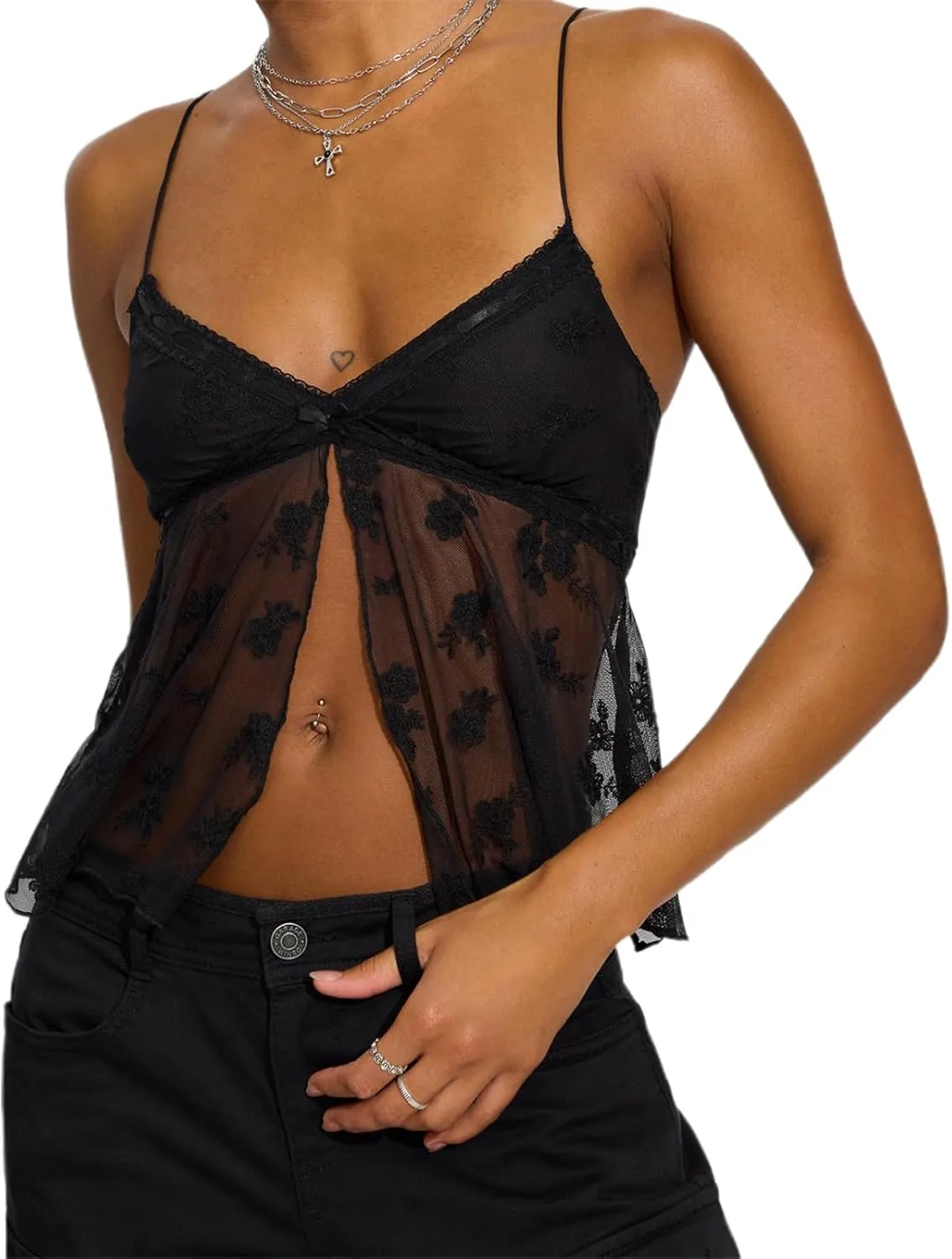 Amiblvowa Womens Sexy Lace Stretchy Corset Slim Fit Spaghetti Strap Camisole Y2k Going Out Sleeveless Tank Top Crop Tops
