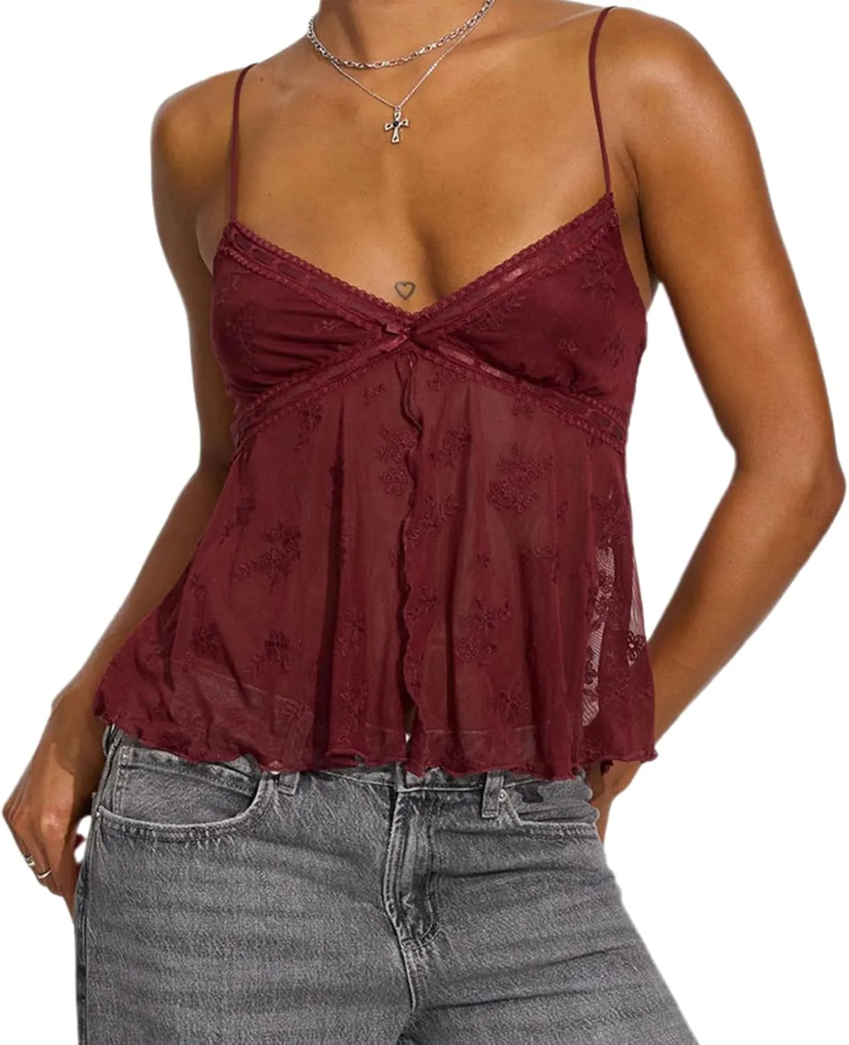 Amiblvowa Womens Sexy Lace Stretchy Corset Slim Fit Spaghetti Strap Camisole Y2k Going Out Sleeveless Tank Top Crop Tops