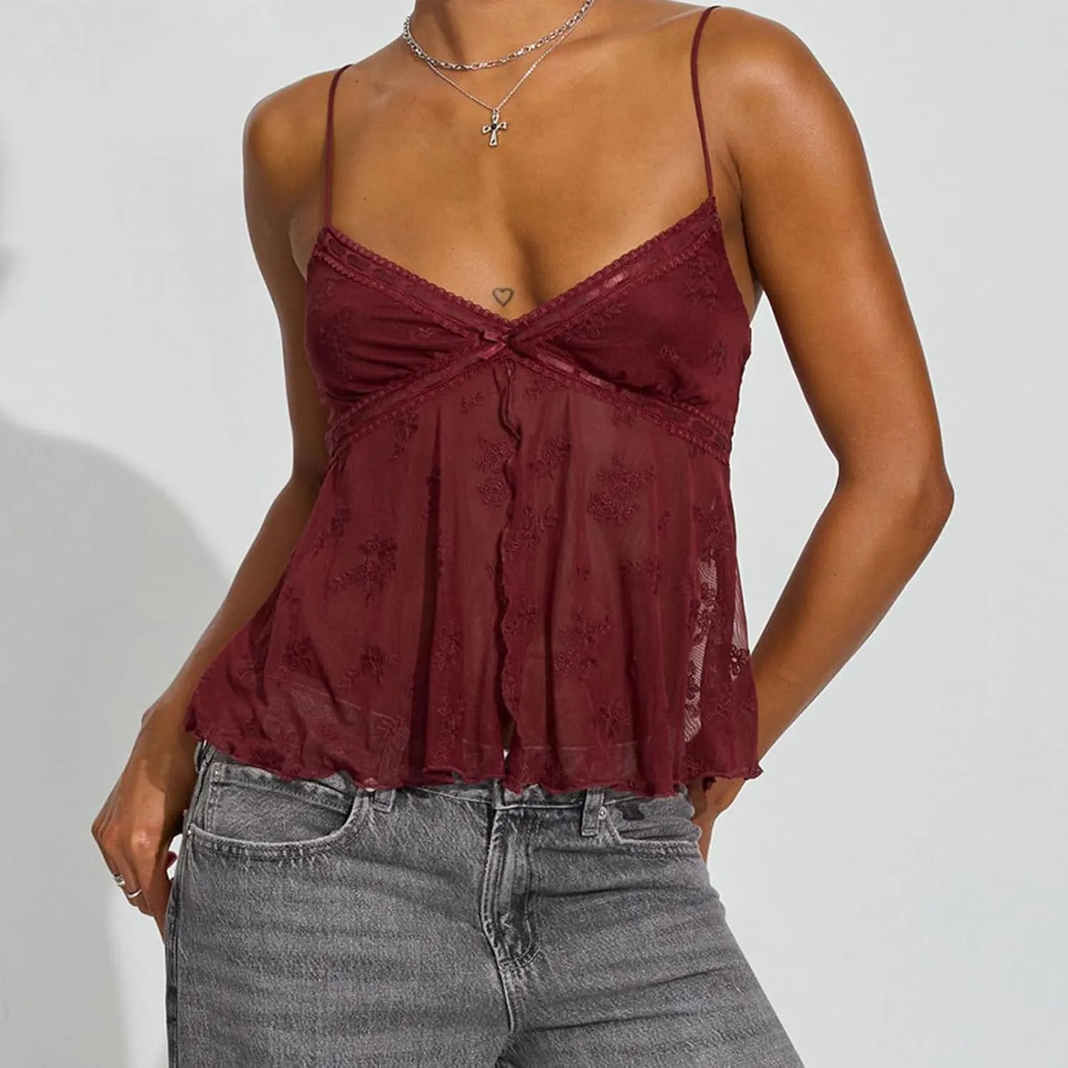 Amiblvowa Womens Sexy Lace Stretchy Corset Slim Fit Spaghetti Strap Camisole Y2k Going Out Sleeveless Tank Top Crop Tops