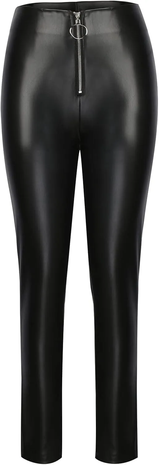 Anjikang Leather Punk Pants for Women High Waist Zipper Stretchy Straight Long Pants Trendy Slimming Skinny Booty Trousers