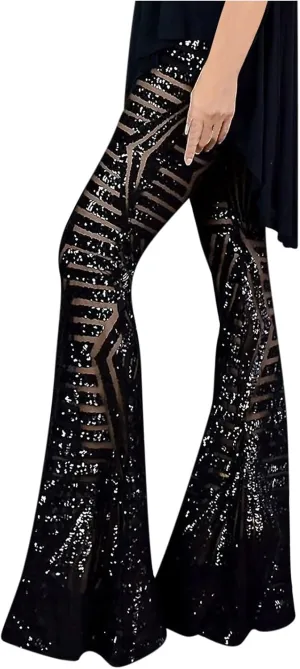 Anjikang Sequin Flare Pants for Women High Waist Wide Leg Straight Party Trousers Trendy Night Club Long Pants with Pockets