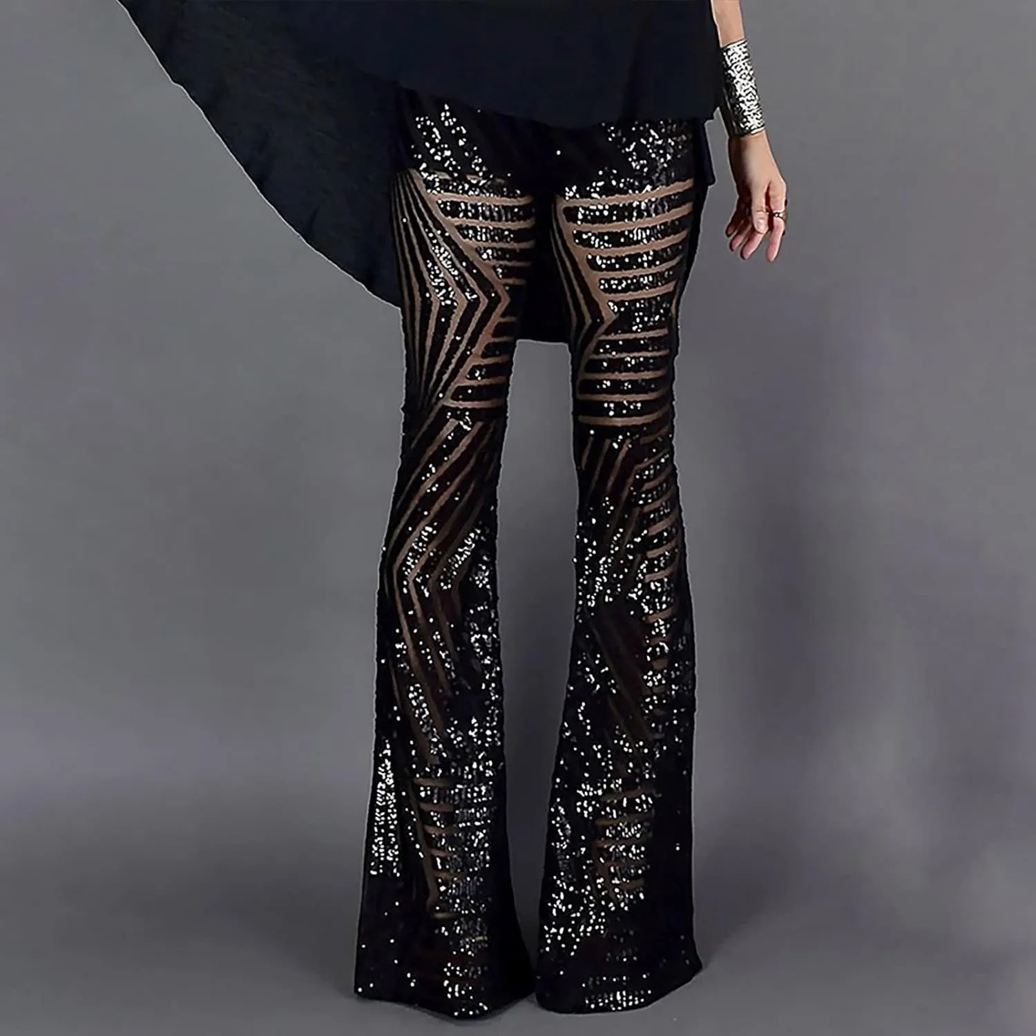 Anjikang Sequin Flare Pants for Women High Waist Wide Leg Straight Party Trousers Trendy Night Club Long Pants with Pockets