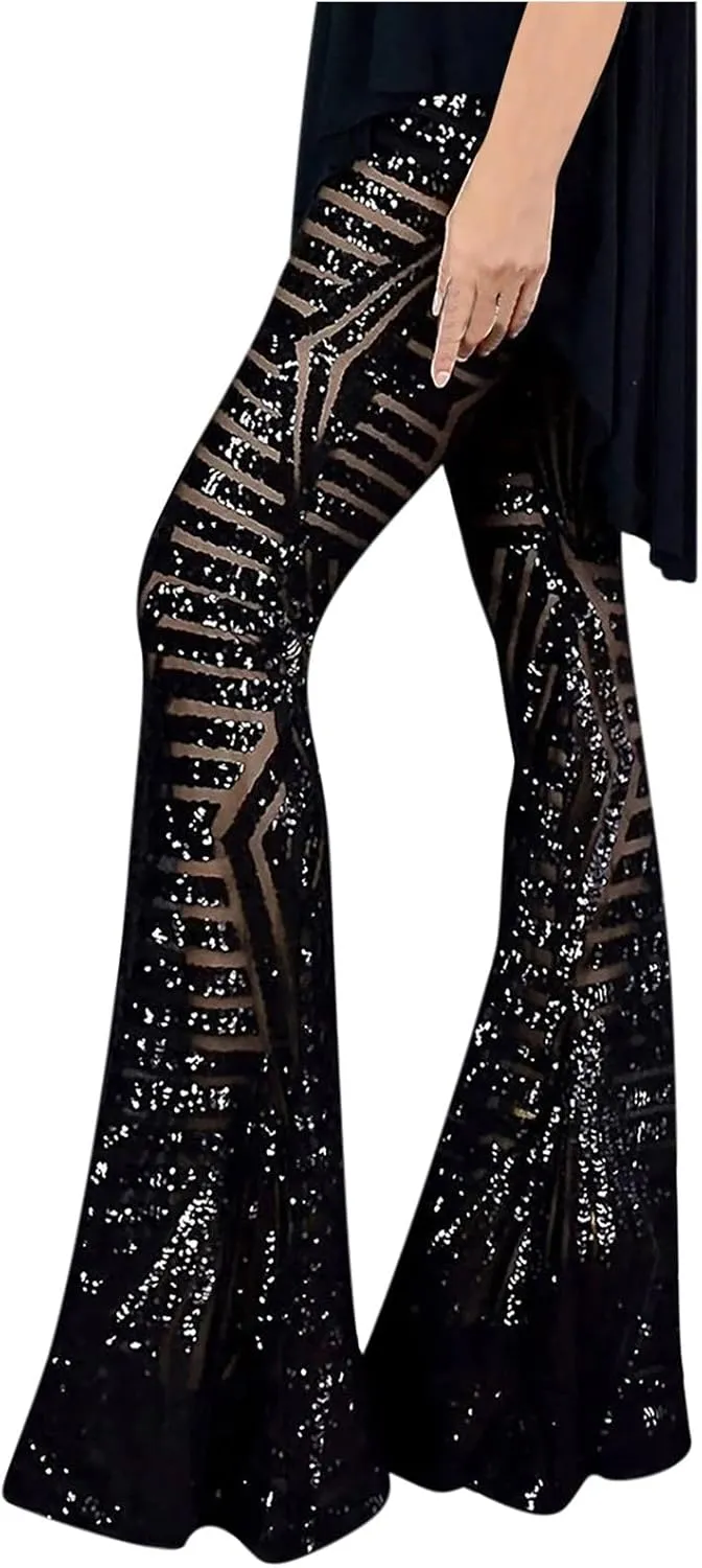Anjikang Sequin Flare Pants for Women High Waist Wide Leg Straight Party Trousers Trendy Night Club Long Pants with Pockets