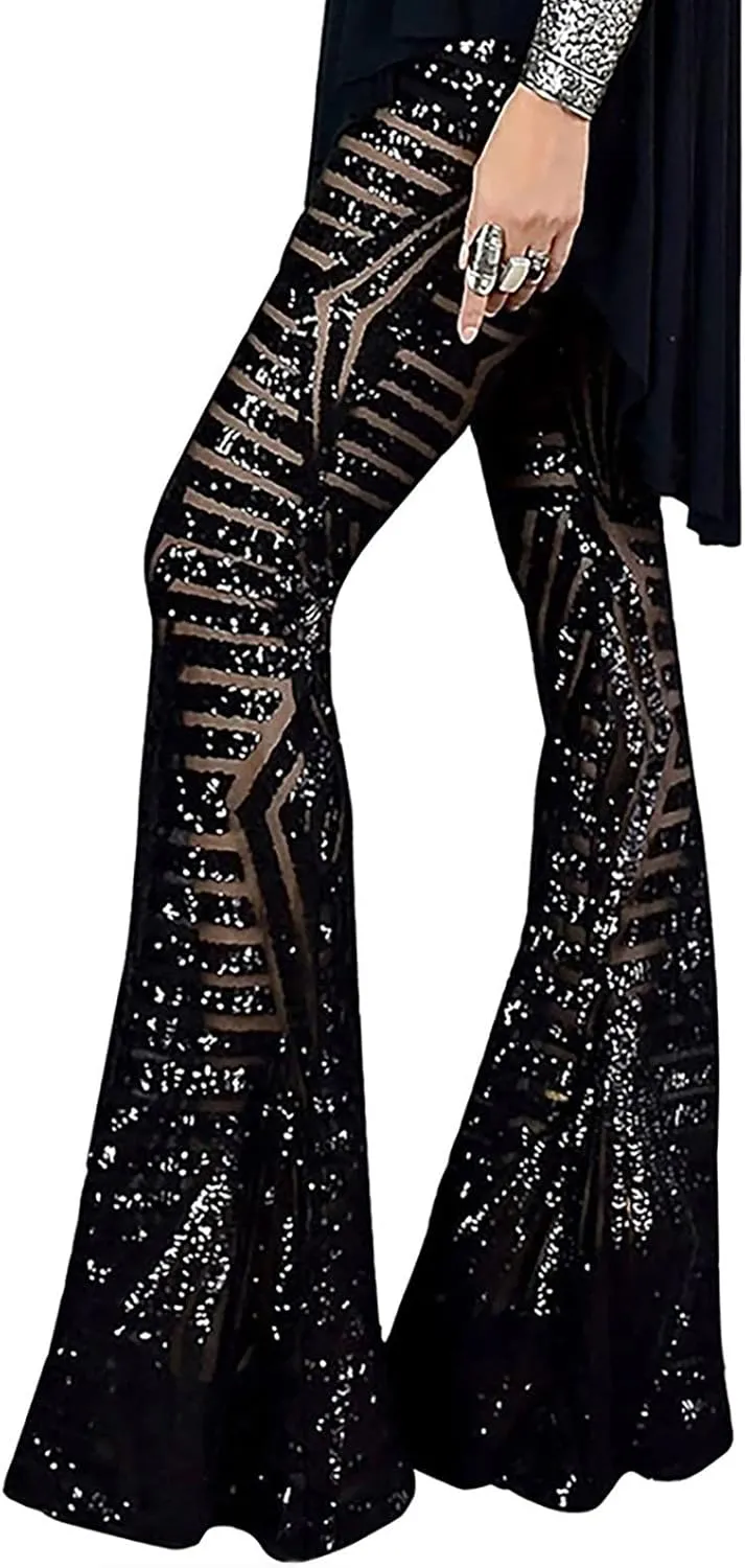 Anjikang Sequin Flare Pants for Women High Waist Wide Leg Straight Party Trousers Trendy Night Club Long Pants with Pockets