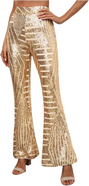 Anjikang Sequin Flare Pants for Women High Waist Wide Leg Straight Party Trousers Trendy Night Club Long Pants with Pockets
