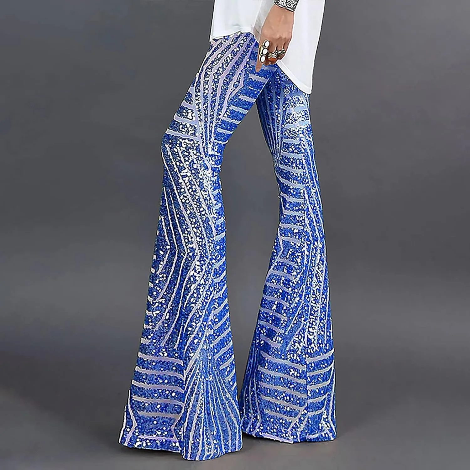Anjikang Sequin Flare Pants for Women High Waist Wide Leg Straight Party Trousers Trendy Night Club Long Pants with Pockets