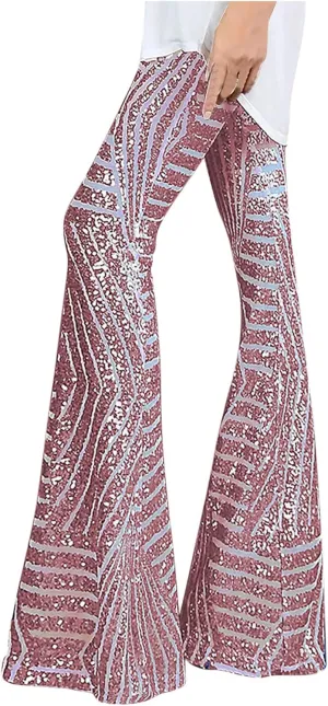 Anjikang Sequin Flare Pants for Women High Waist Wide Leg Straight Party Trousers Trendy Night Club Long Pants with Pockets