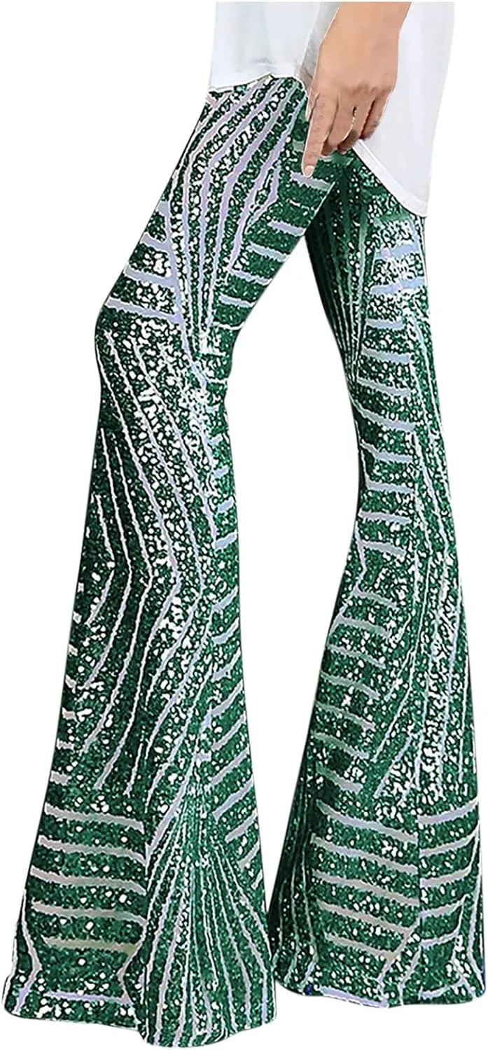 Anjikang Sequin Flare Pants for Women High Waist Wide Leg Straight Party Trousers Trendy Night Club Long Pants with Pockets