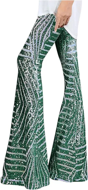 Anjikang Sequin Flare Pants for Women High Waist Wide Leg Straight Party Trousers Trendy Night Club Long Pants with Pockets