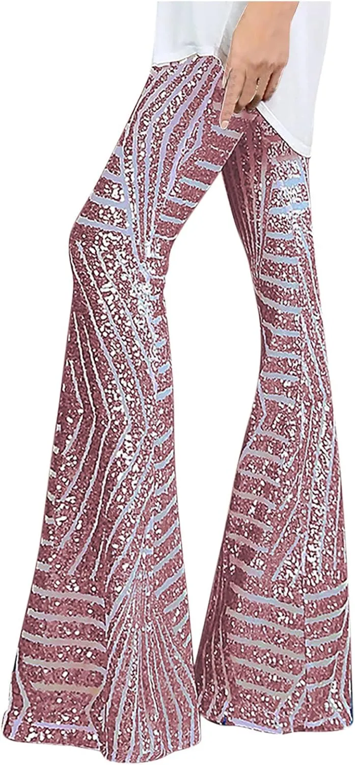 Anjikang Sequin Flare Pants for Women High Waist Wide Leg Straight Party Trousers Trendy Night Club Long Pants with Pockets