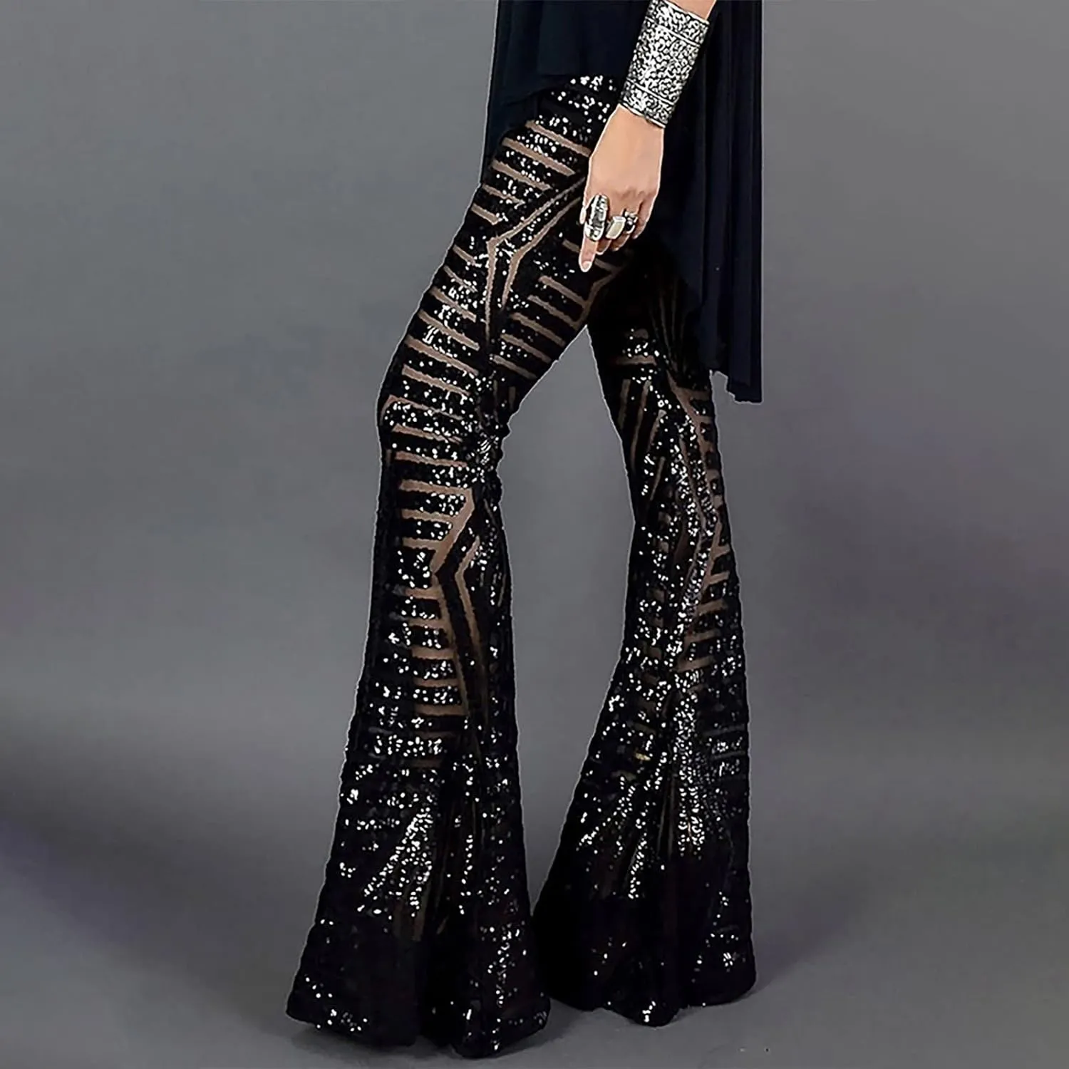 Anjikang Sequin Flare Pants for Women High Waist Wide Leg Straight Party Trousers Trendy Night Club Long Pants with Pockets