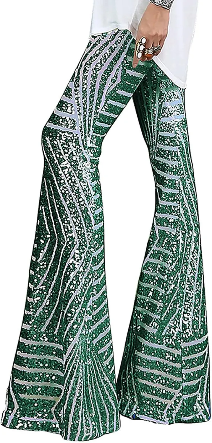 Anjikang Sequin Flare Pants for Women High Waist Wide Leg Straight Party Trousers Trendy Night Club Long Pants with Pockets