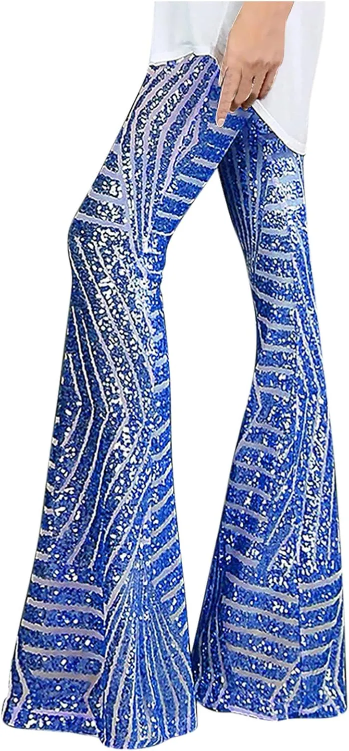 Anjikang Sequin Flare Pants for Women High Waist Wide Leg Straight Party Trousers Trendy Night Club Long Pants with Pockets